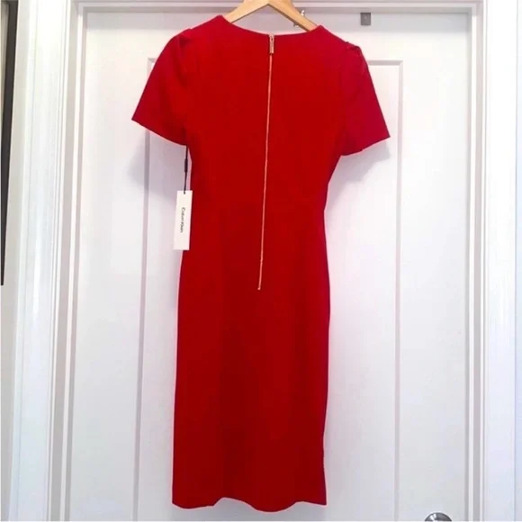 ❤️ NWT! Red CALVIN KLEIN Puff Sleeve Sheath Dress - Size 10 - Picture 2 of 9